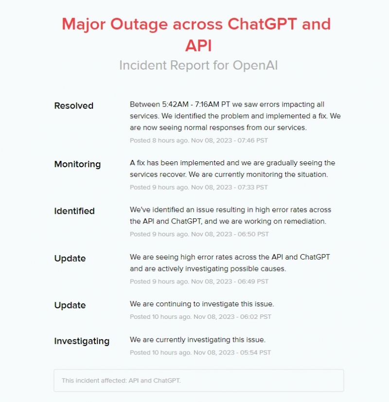 OpenAI发生严重故障ChatGPT崩了 官方回应：已恢复正常