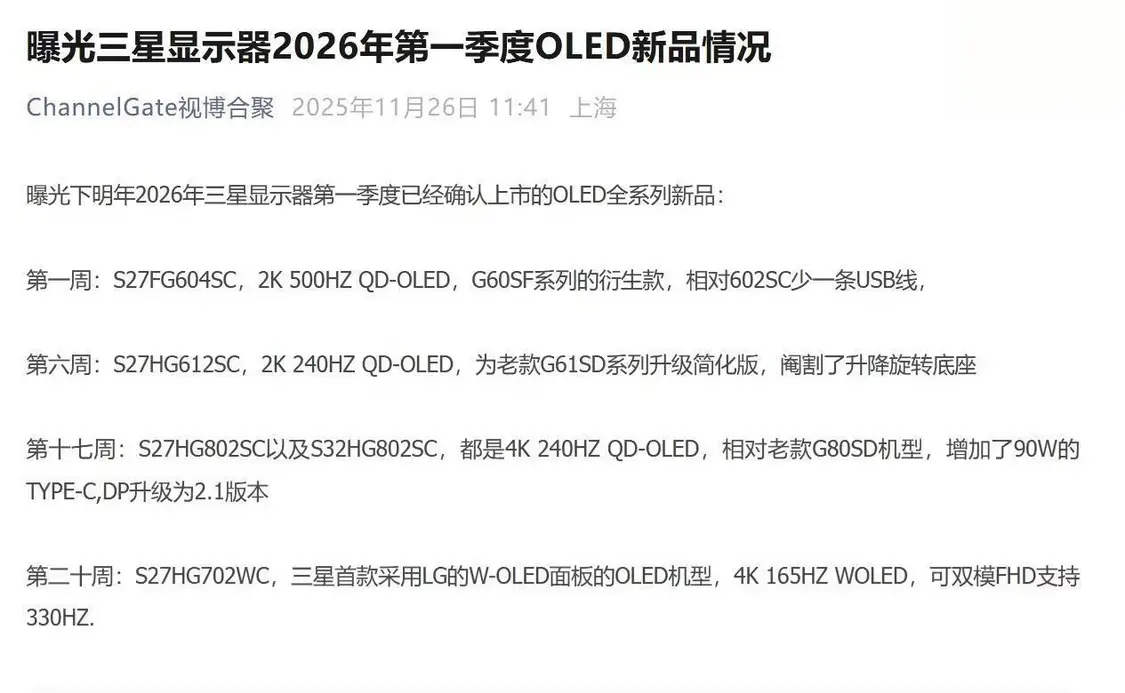三星首款采用LG W-OLED面板的显示器被曝明年登场